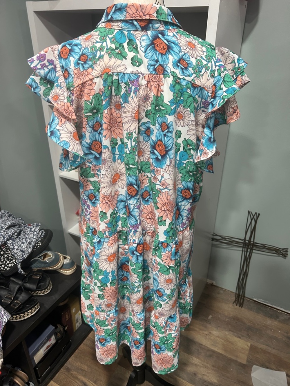 Umgee Floral Mini Dress in Teal, Peach & White - Picture 4 of 4